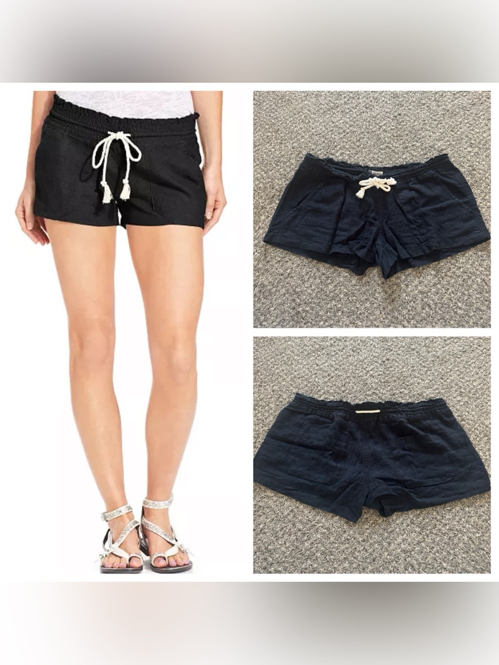 GUC Roxy Black Linen Drawstring Cargo Shorts with Rope Drawcord